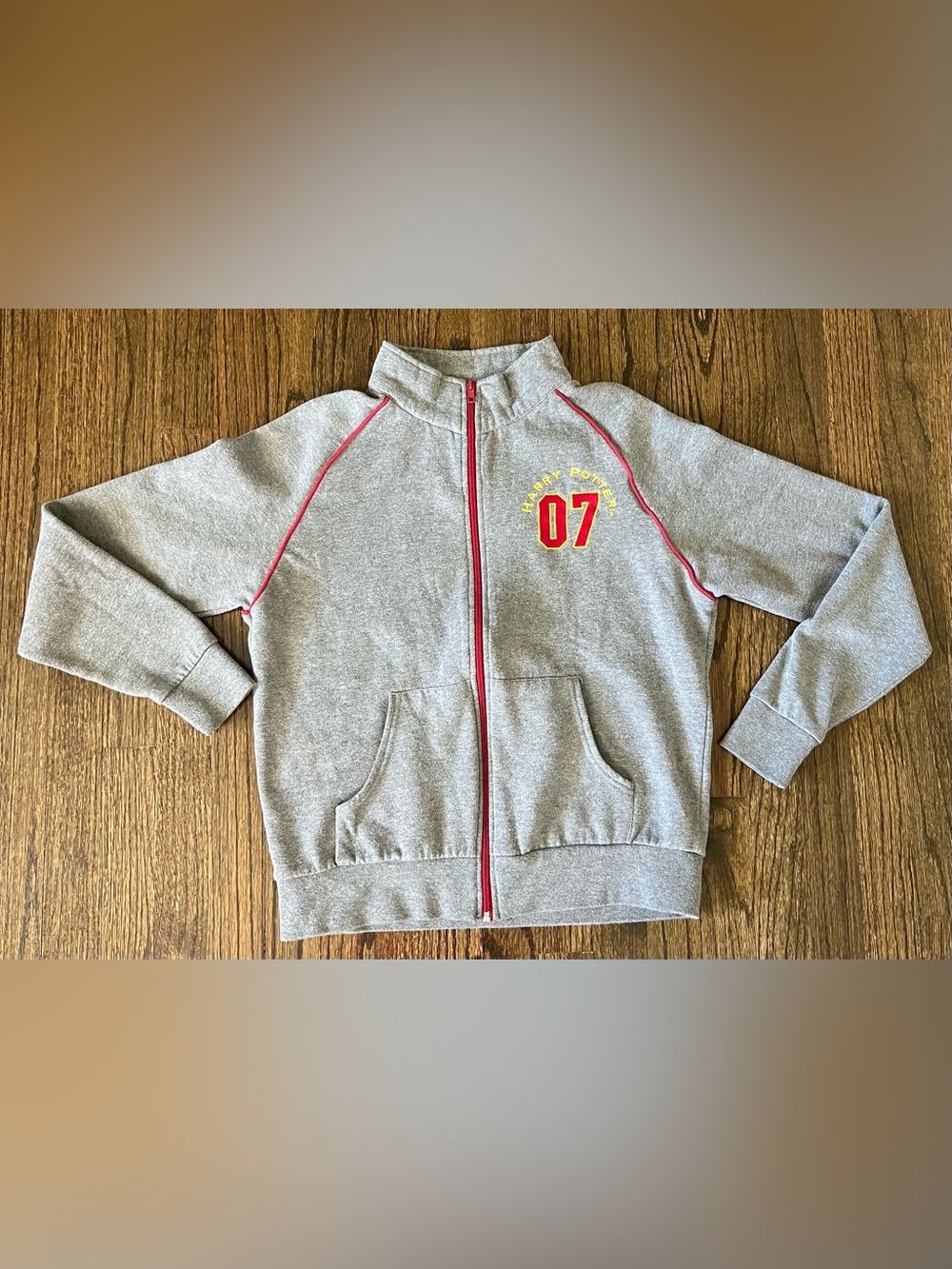 Kids Gray Zip-Up Hoodie with Red Accents and '07' Patch